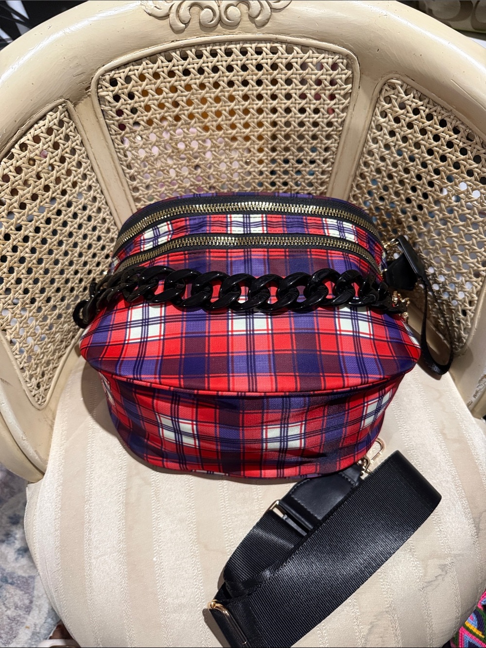 Bum Bag Red Plaid Women's Crossbody Bag with Black Chain Accent